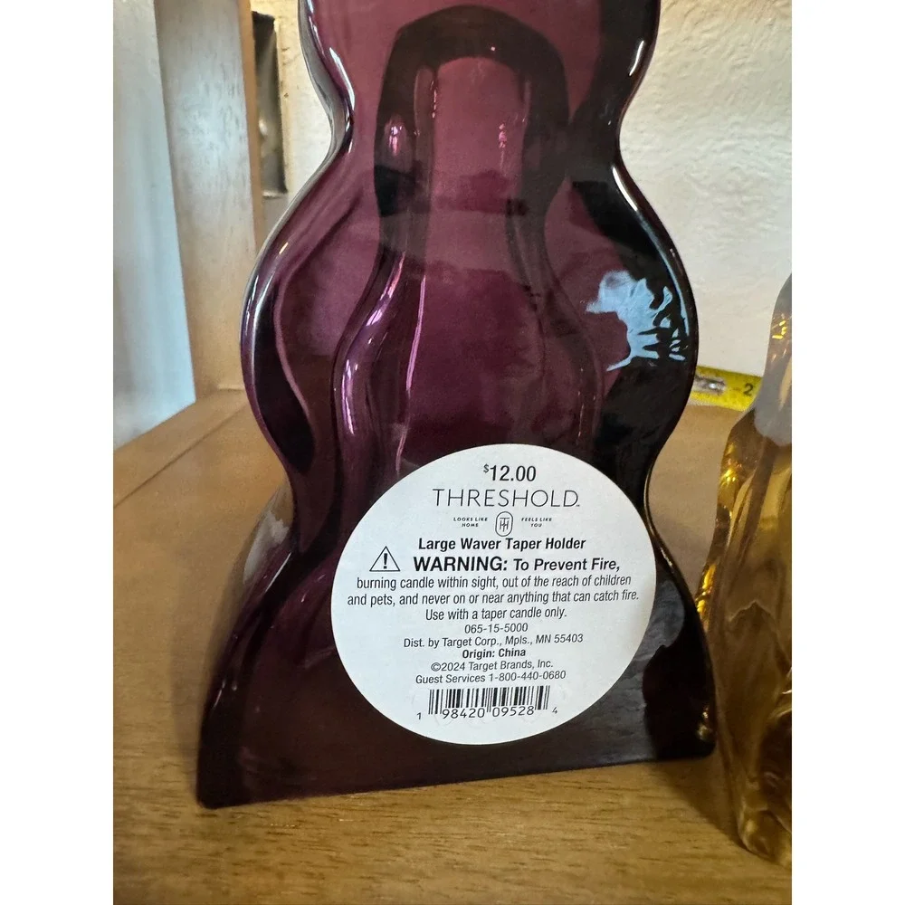 Threshold Large Wavy Taper Candle‎ Holder Set Plum Amber Glass